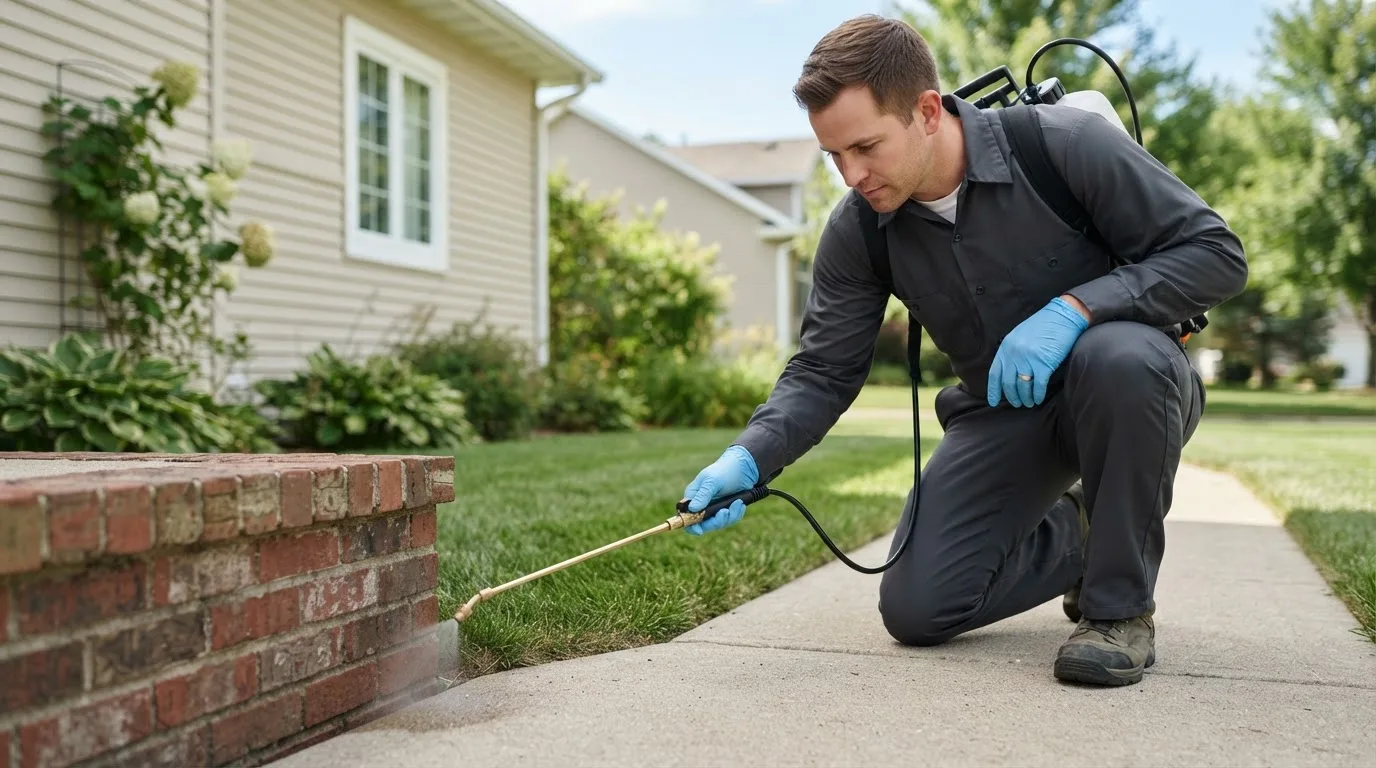 Pest control technician treating a home near Turner, ME